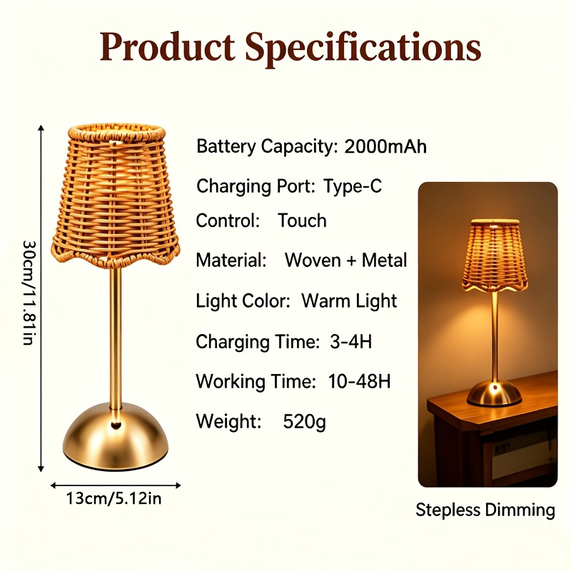 Bohem Dokuma Rattan Sanat Masa - Touch Dimmer Lamp incelemesi ve fiyatı